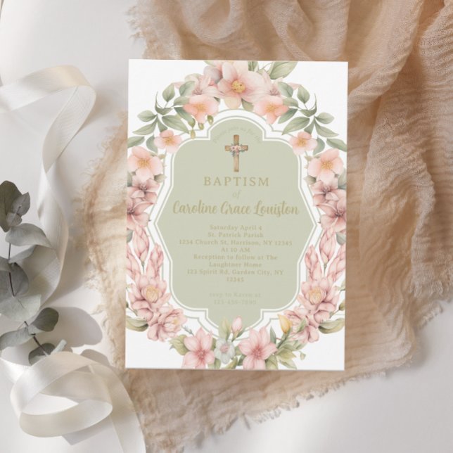 Invitación Hermoso bautismo católico con flores rosadas (Subido por el creador)