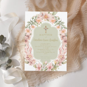 Invitación Hermoso bautismo católico con flores rosadas