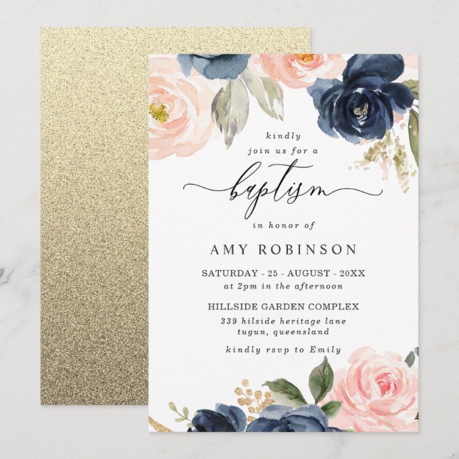 Invitación Hermoso bautismo Chica de flores de Rubor y marina (Anverso / Reverso)