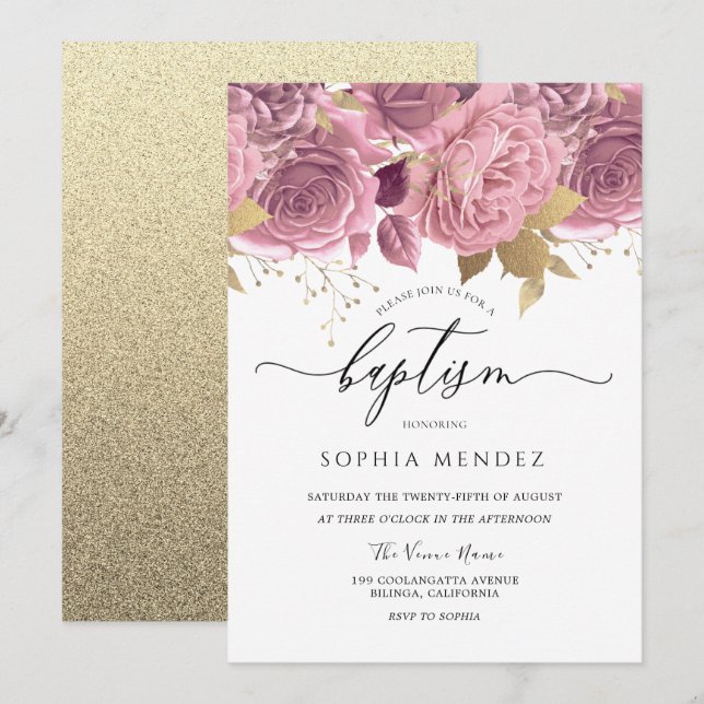 Invitación Hermoso bautismo de Chicas de oro con flores rosad (Anverso / Reverso)