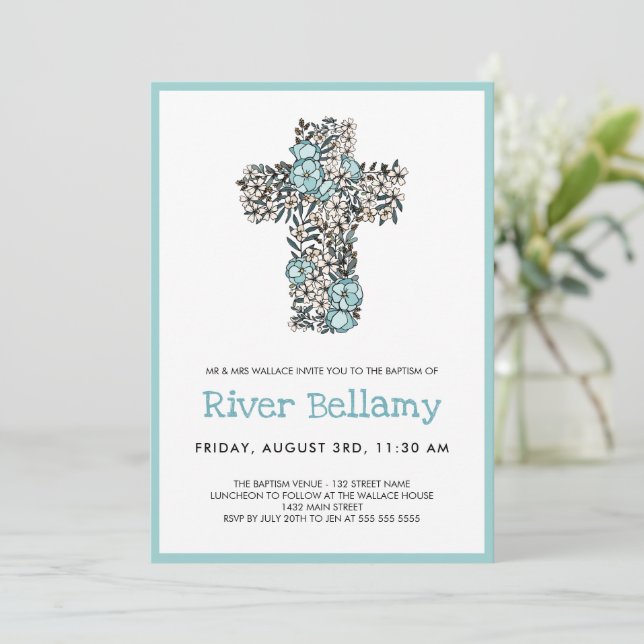 Invitación Hermoso bautismo floral azul (Anverso de pie)