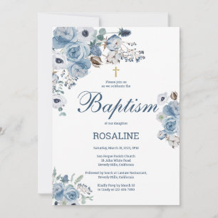 Invitación Hermoso Bautismo Floral Azul