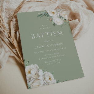 Invitación Hermoso Bautismo Floral Verde y Blanca