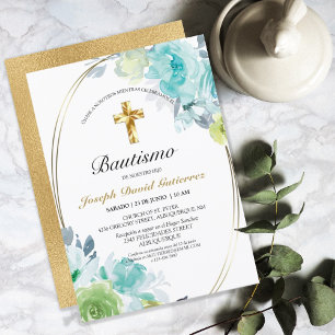 INVITACIÓN HERMOSO BAUTIZO BEBÉ CRUZADO DE ORO FLORAL AZUL