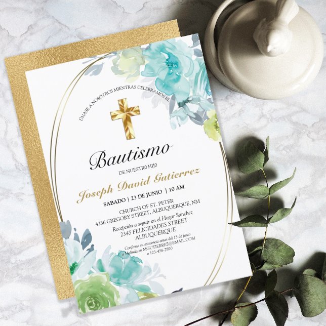 INVITACIÓN HERMOSO BAUTIZO BEBÉ CRUZADO DE ORO FLORAL AZUL (Subido por el creador)