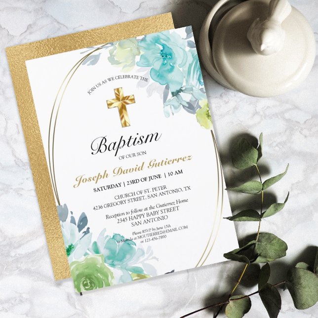 Invitación Hermoso Blue Floral Gold Cross Baptismo Bebé (Subido por el creador)