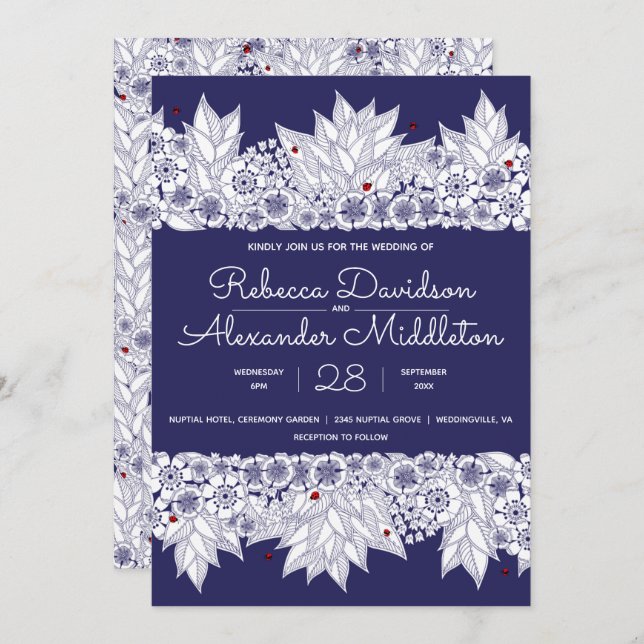 Invitación Hermoso Boda azul y blanco (Anverso / Reverso)