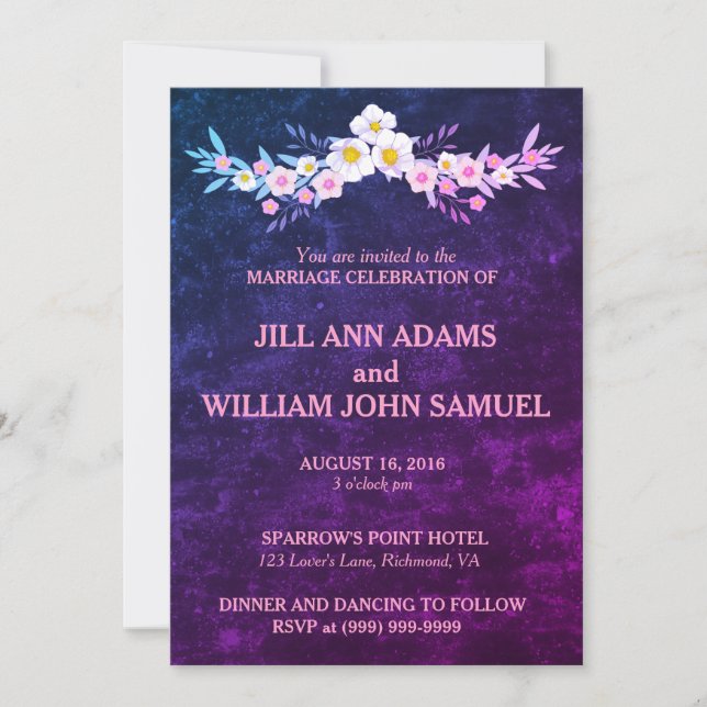 Invitación Hermoso Boda azul y púrpura (Anverso)
