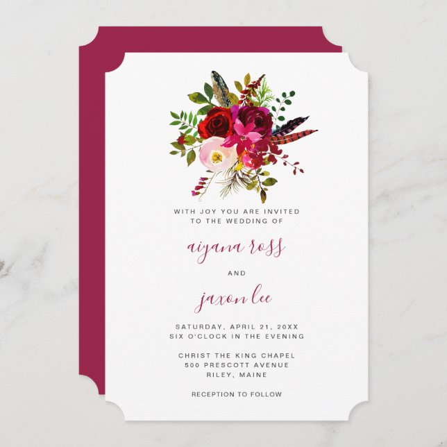 Invitación Hermoso Boda Burgundy Floral Bouquet (Anverso / Reverso)