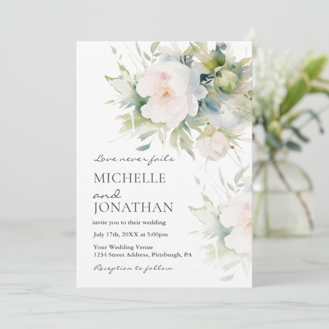 Invitación Hermoso Boda cristiano floral blanco romántico (Anverso de pie)