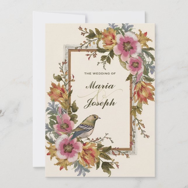 Invitación Hermoso boda de acuarela de aves florales de época (Anverso)