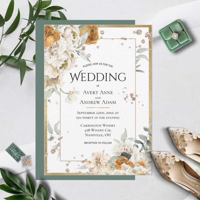 Invitación Hermoso Boda de acuarela floral neutra Gold (Subido por el creador)