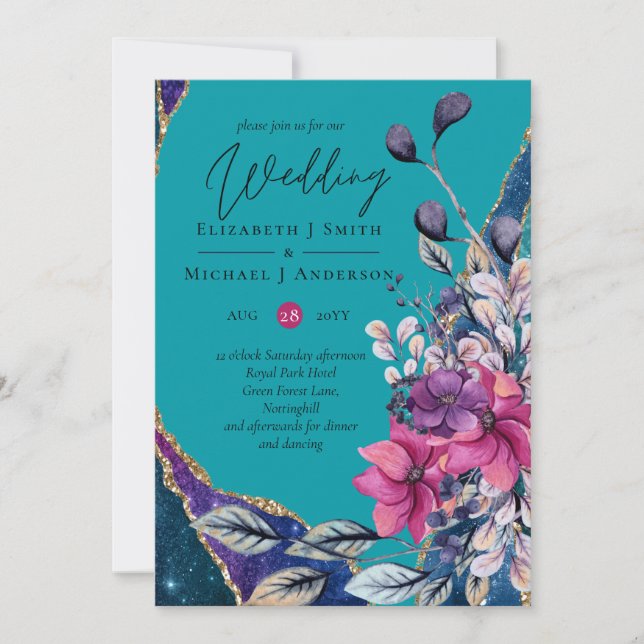 Invitación Hermoso Boda de Agate Floral Verde azulado Morado (Anverso)