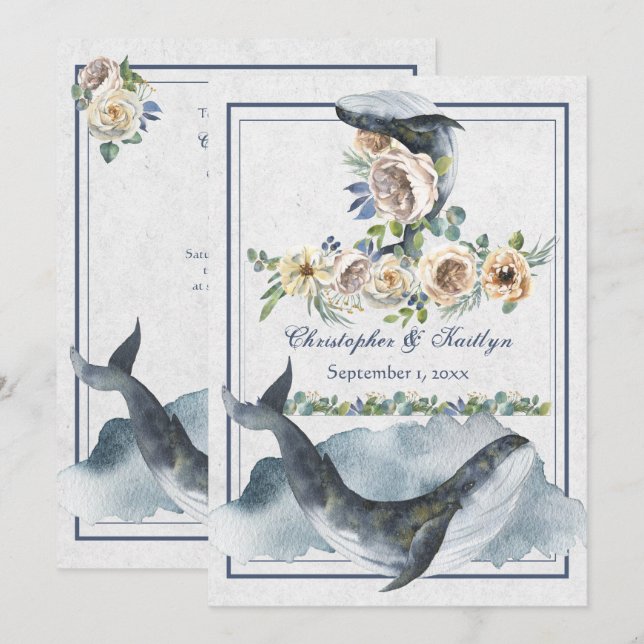 Invitación Hermoso Boda de ballenas y flores acuáticas (Anverso / Reverso)
