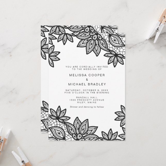 Invitación Hermoso Boda de encaje negro con código QR RSVP (Anverso/Reverso In Situ)