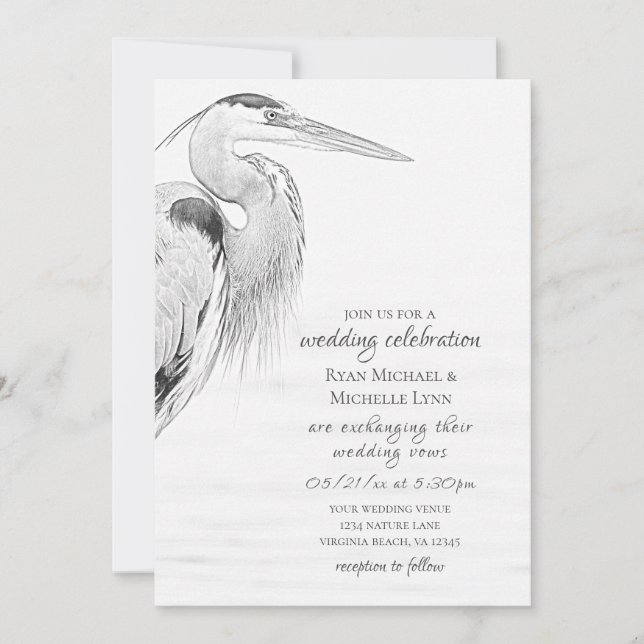 Invitación Hermoso Boda de esbozo de pájaro de la garza azul (Anverso)