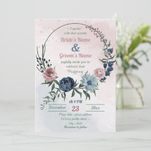 Invitación hermoso boda de flores azul rosa floral verde