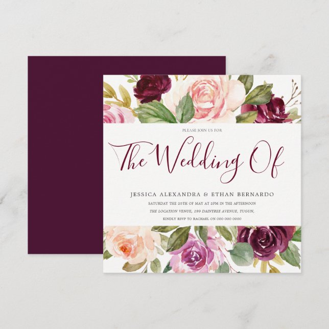 Invitación Hermoso Boda de flores de Berry rosa de Borgoña (Anverso / Reverso)