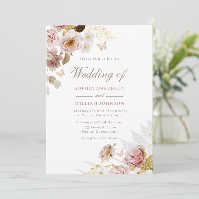 Invitación Hermoso Boda de flores de rosa blanca de Rubor (Anverso de pie)