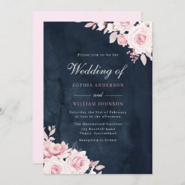 Invitación Hermoso Boda de Flores y Acuarela Navy de Rubor
