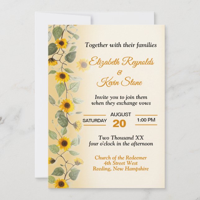 Invitación Hermoso Boda de girasoles (Anverso)