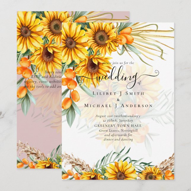 Invitación Hermoso Boda de hierba de Pampas (Anverso / Reverso)