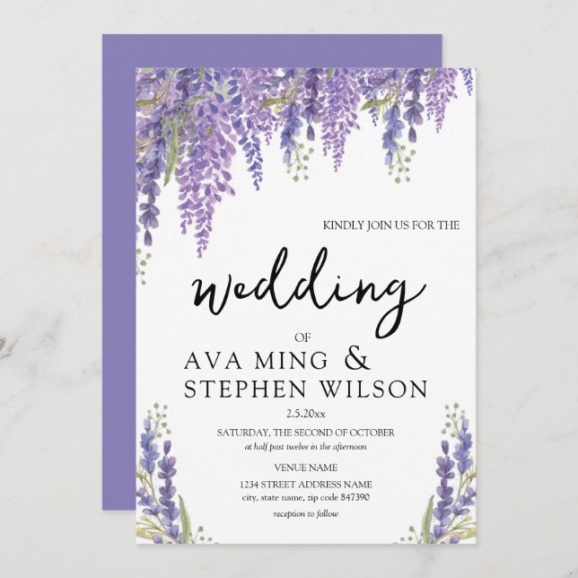 Invitación Hermoso Boda de la acuarela arbórea de Wisteria (Anverso / Reverso)