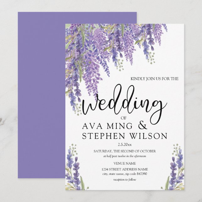 Invitación Hermoso Boda de la acuarela arbórea de Wisteria (Anverso / Reverso)