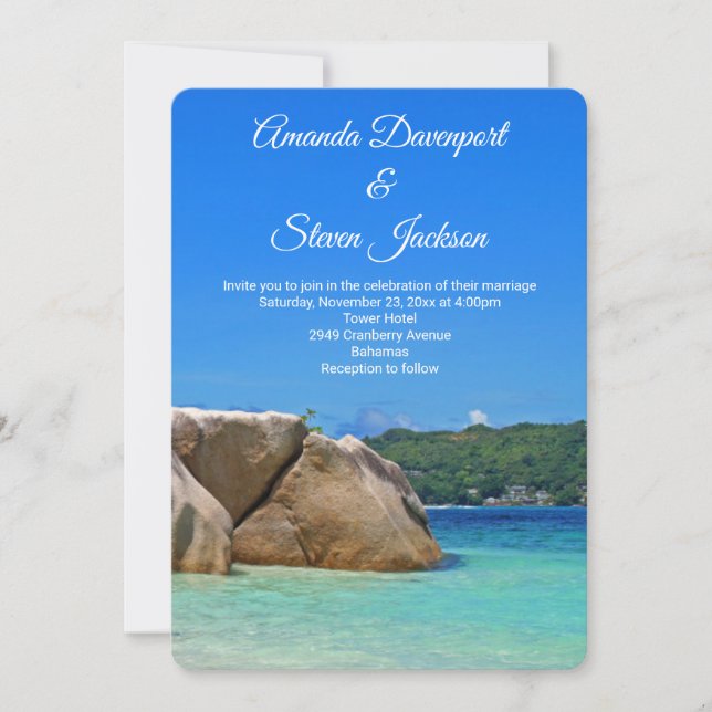 Invitación Hermoso Boda de la costa del Mar Tropical Rocoso (Anverso)
