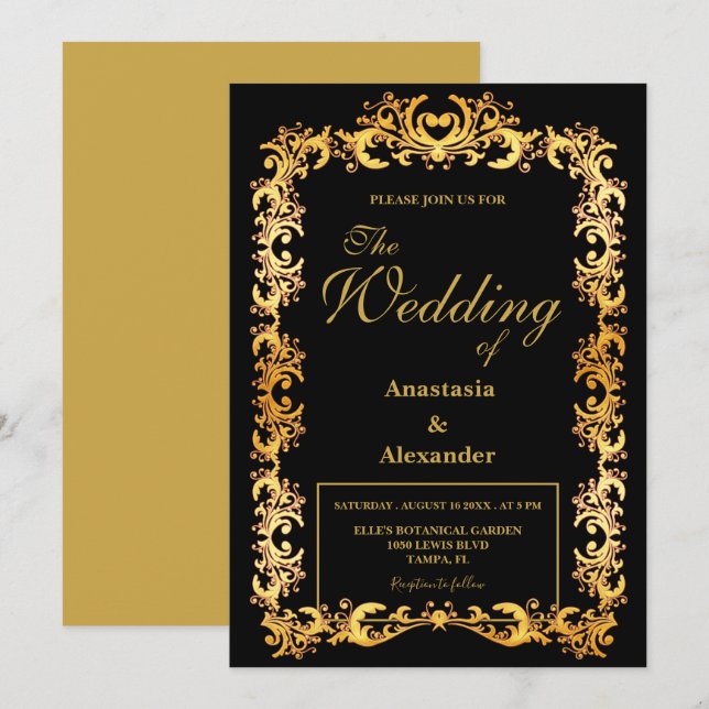 Invitación Hermoso Boda de marco dorado personalizado (Anverso / Reverso)