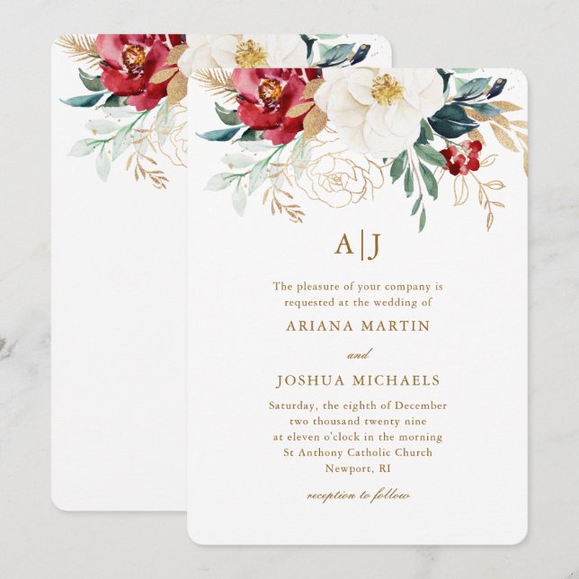 Invitación Hermoso Boda de Navidades florales (Anverso / Reverso)