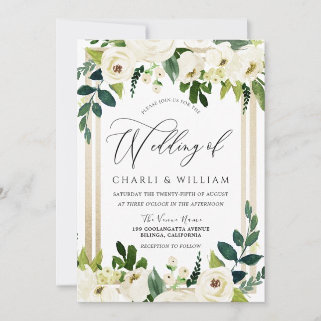 Invitación Hermoso Boda de oro floral blanco elegante (Anverso)