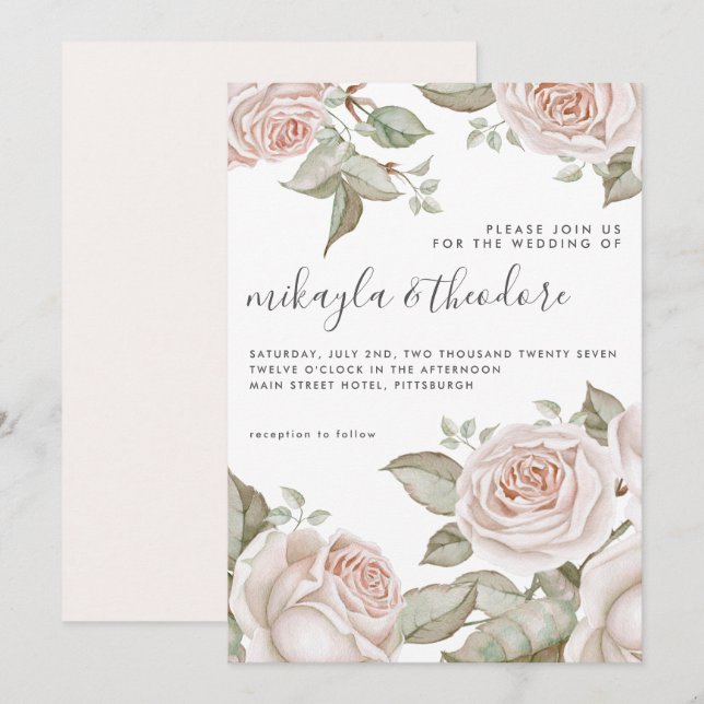 Invitación Hermoso Boda de Rosas Rubor Watercolor Peach (Anverso / Reverso)