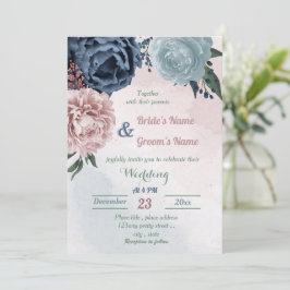 Invitación hermoso boda de vegetación floral azul rosa