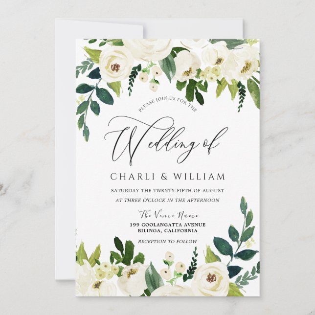 Invitación Hermoso Boda elegante de Flores Blancas (Anverso)