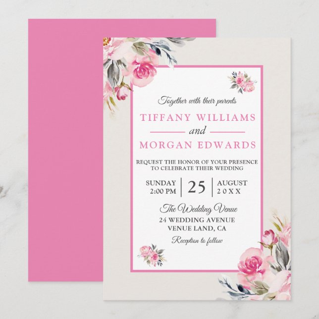 Invitación Hermoso Boda elegante de Rubor con flores rosadas (Anverso / Reverso)