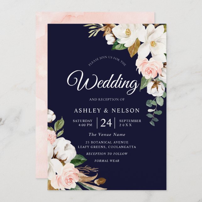 Invitación Hermoso Boda floral blanco y Rubor (Anverso / Reverso)