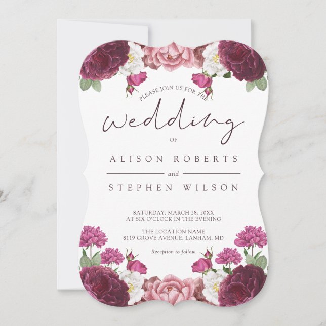 Invitación Hermoso Boda Floral Borgoña (Anverso)