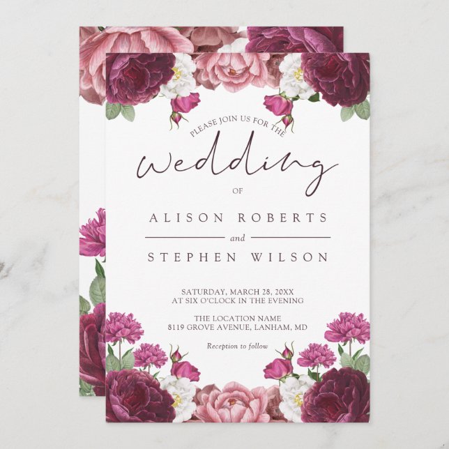 Invitación Hermoso Boda Floral Borgoña (Anverso / Reverso)