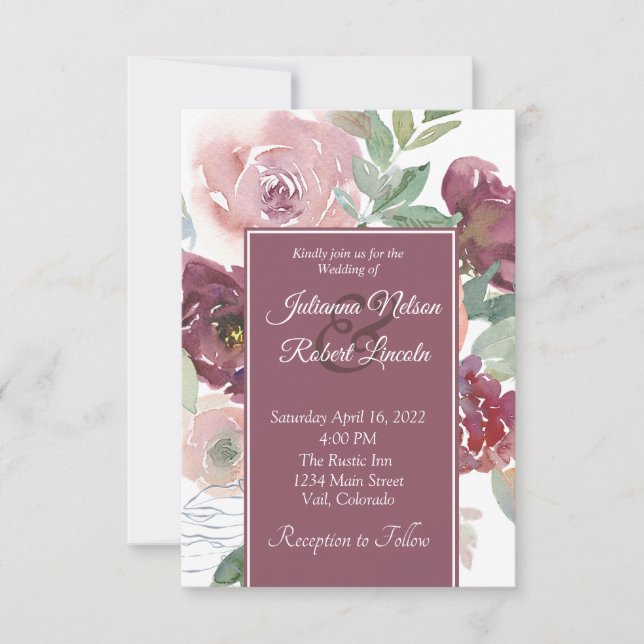 Invitación Hermoso Boda floral color rosa y malva (Anverso)