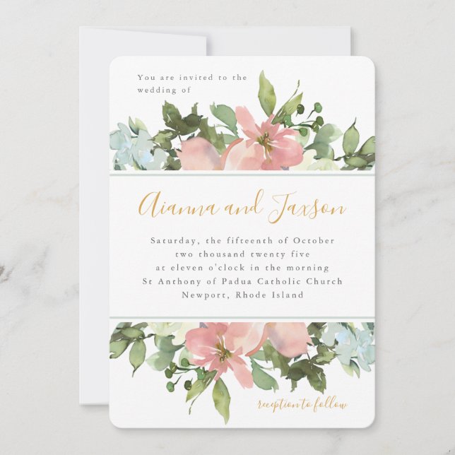 Invitación Hermoso Boda Floral de acuarela de Rubor (Anverso)