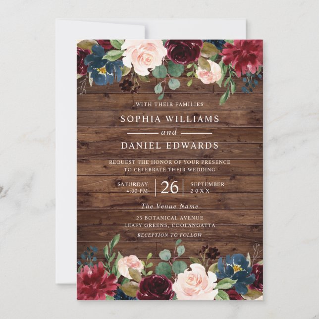 Invitación Hermoso Boda floral de Rubor en Borgoña (Anverso)