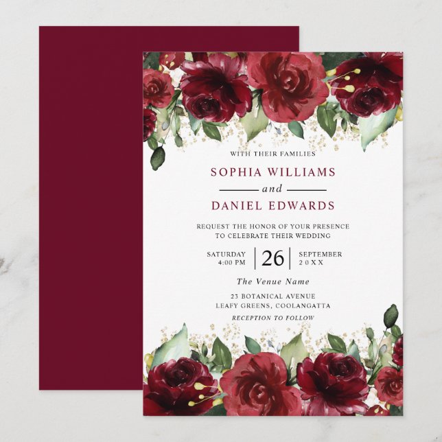 Invitación Hermoso Boda Floral Romántico Roses Rojos (Anverso / Reverso)