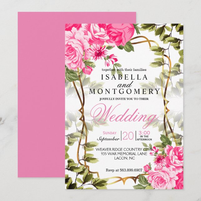 Invitación Hermoso Boda Floral Rosa (Anverso / Reverso)