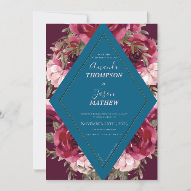 Invitación Hermoso Boda floral rosa Rubor de Borgoña Azul (Anverso)