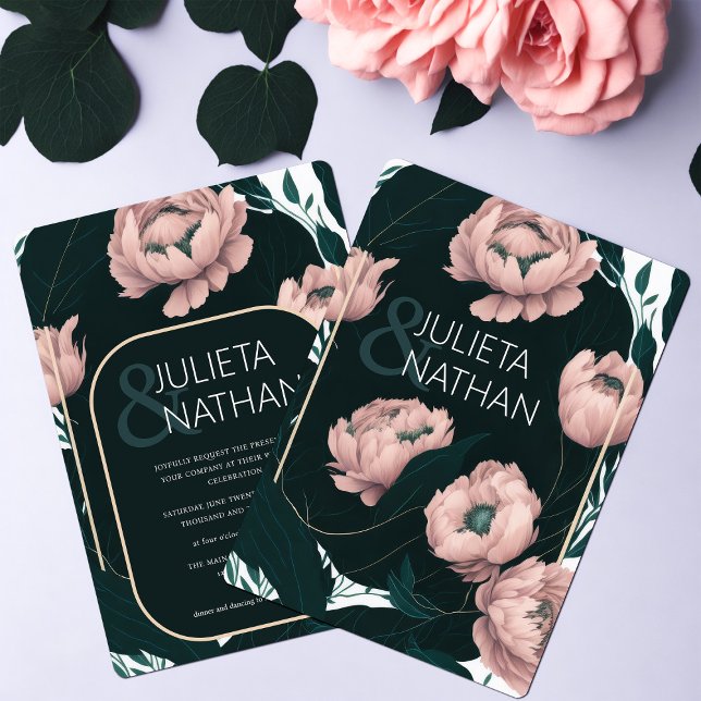 Invitación Hermoso Boda floral rosado de Peony en Esmeralda (Subido por el creador)