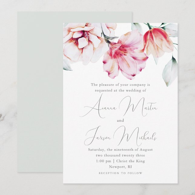 Invitación Hermoso Boda floral verde (Anverso / Reverso)