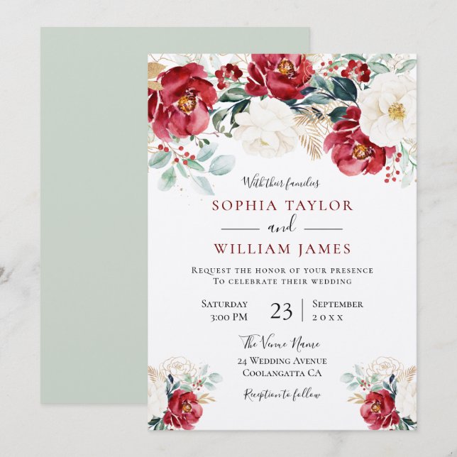 Invitación Hermoso Boda floral verde rojo blanco (Anverso / Reverso)