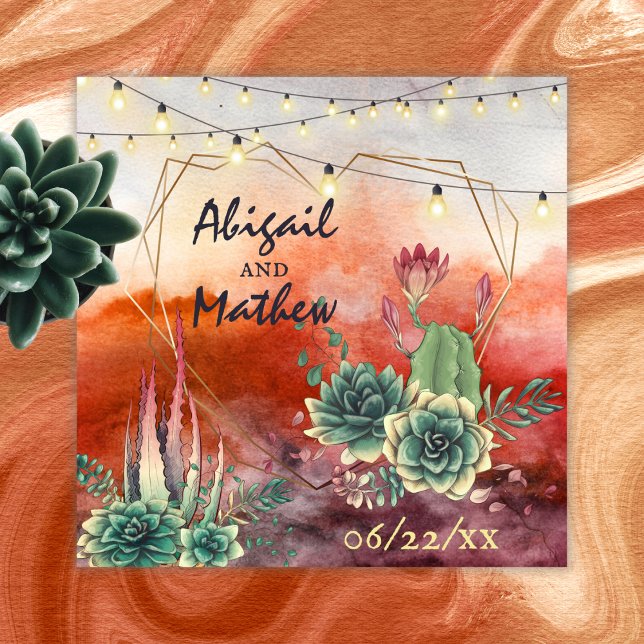 Invitación Hermoso Boda Geométrico Sunset Heart (Front - Beautiful Succulent Sunset Heart Geometric Wedding Invitation)