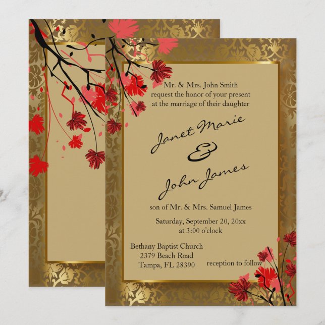 Invitación Hermoso Boda Gold Damask & Art Deco (Anverso / Reverso)
